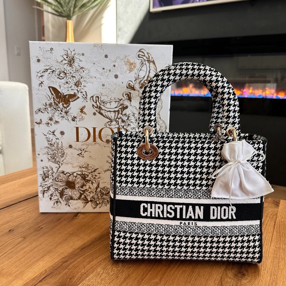 DIOR Medium Lady D-Lite Bag  Black and White Houndstooth Embroidery